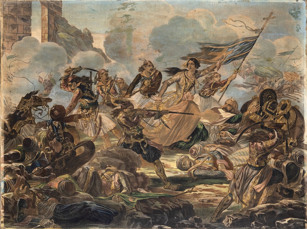 Σκηνή μάχης με συμβολική γυναικεία μορφή, λιθογραφία, 530 x 725 mm
